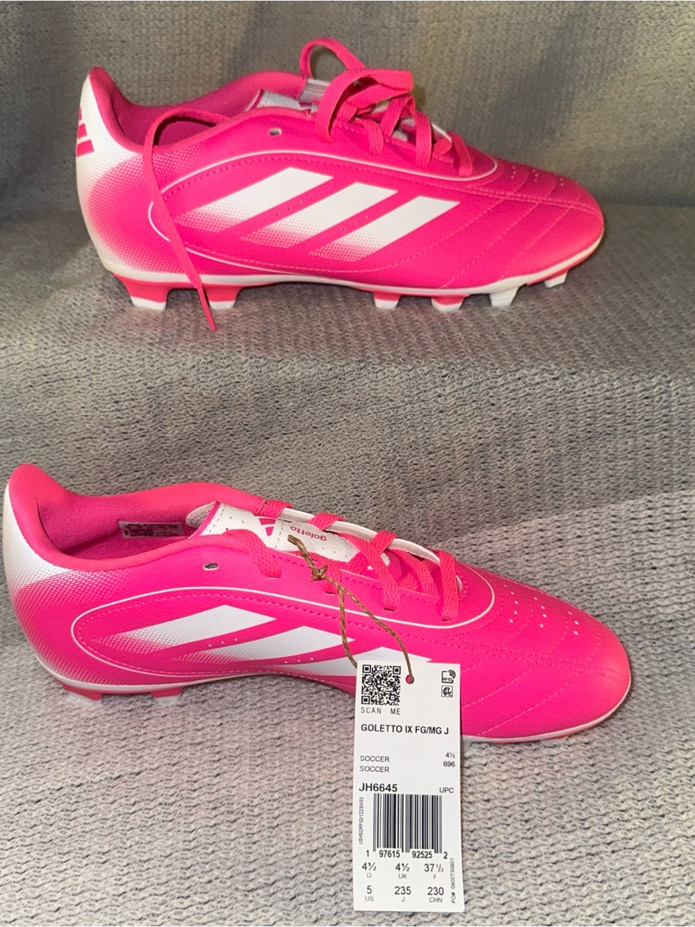 adidas Goletto IX FG/MG J Bright Pink Soccer Cleats with White Stripes SUZE 5